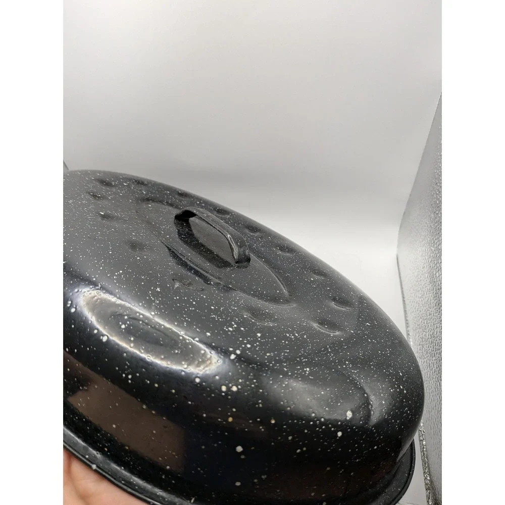 Black Speckled Enamelware Large Roaster Vintage Splatterware Roasting Pan & Lid